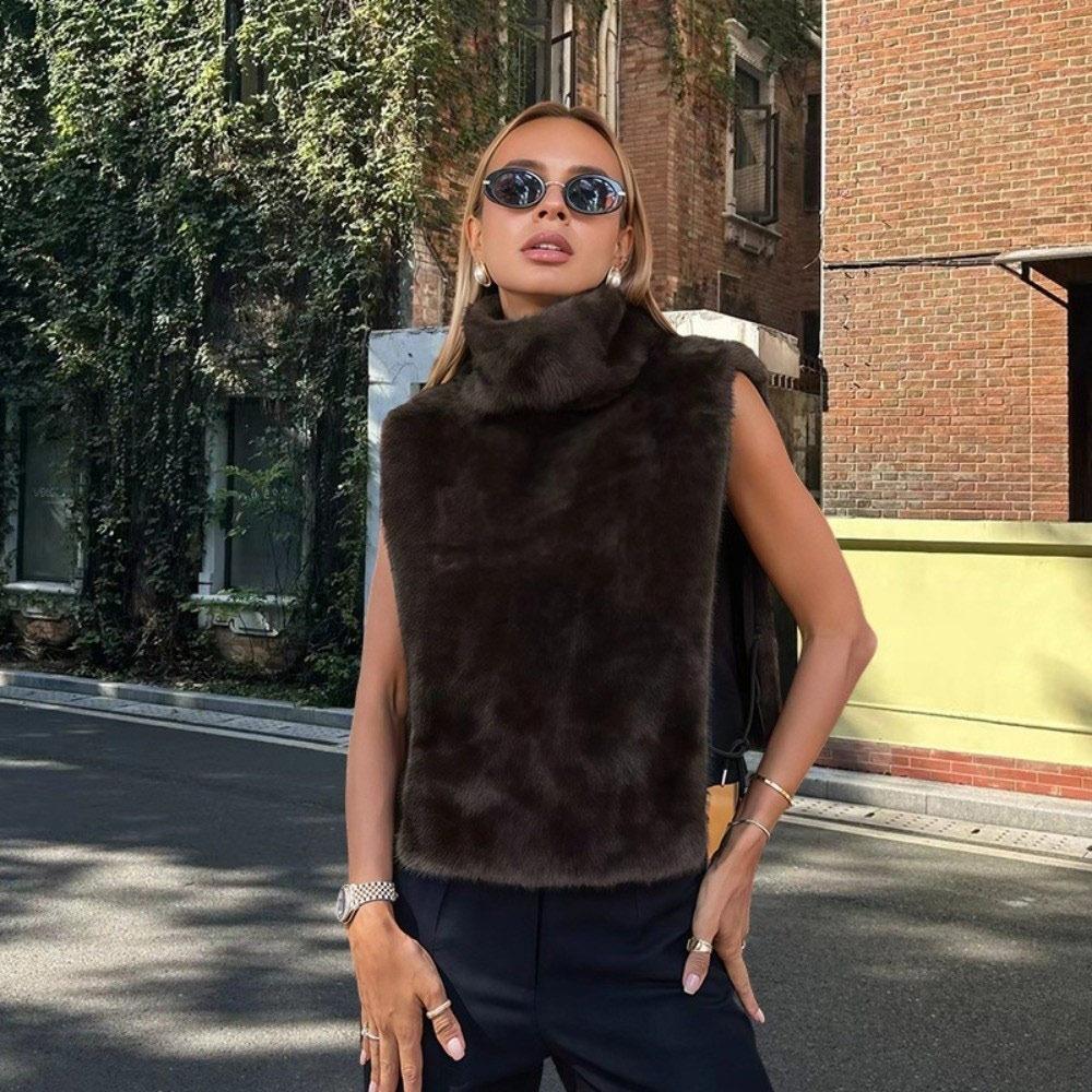 Mink Fur Turtleneck Tank Tops High Collar Layering Piece Faux Fur Vest Fluffy Thicken Sable Vest Autumn Winter
