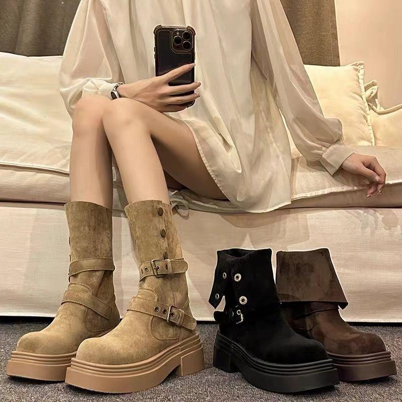 Fashion Vintage Platform Thick Bottom Women Western Cowboy Boots Fashion Belt Buckle Height Increase Female Mid Calf Booties2025 new