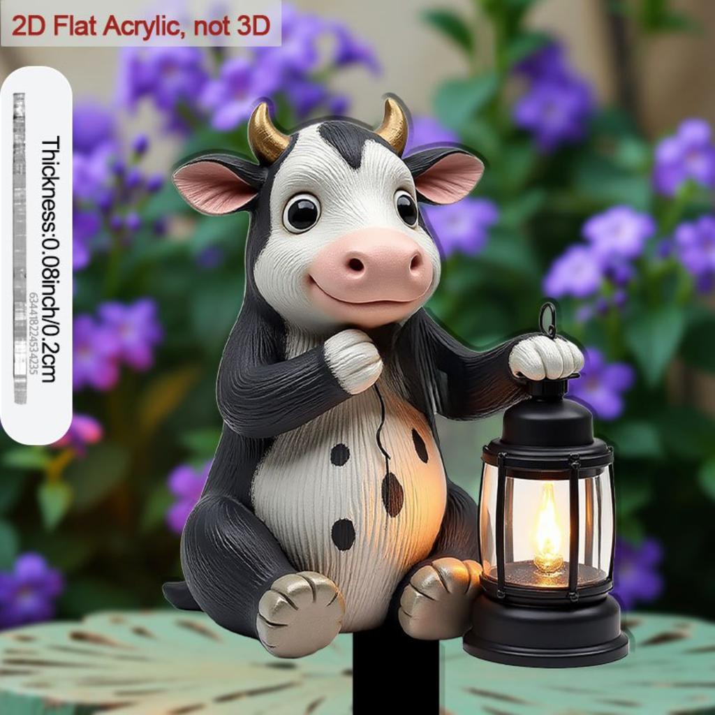 Decorazione Palo da Giardino Acrilico Piatto 2D, Design Carino Mucca & Lanterna per Fioriere, Ideale per Patio Esterno & Regalo