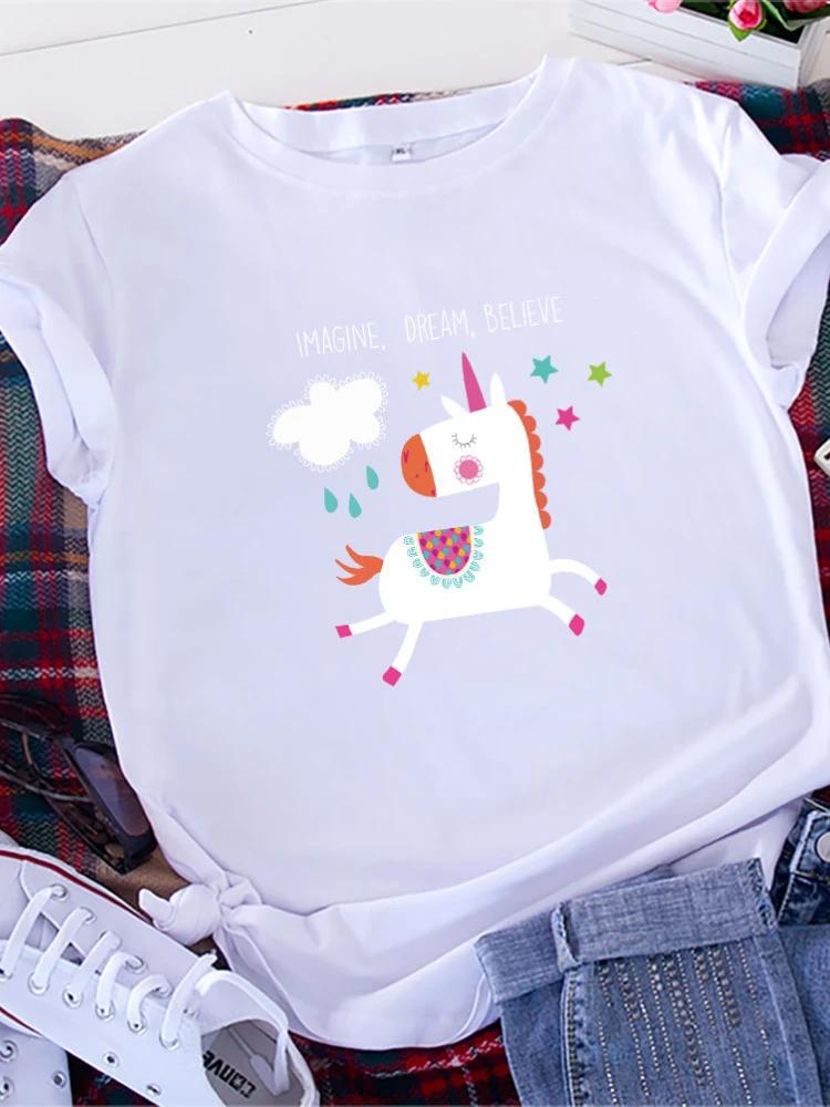 Imagine Dream Believe Horse Print Women T Shirt Short Sleeve O Neck Loose Women Tshirt Ladies Tee Shirt Tops Camisetas Mujer
