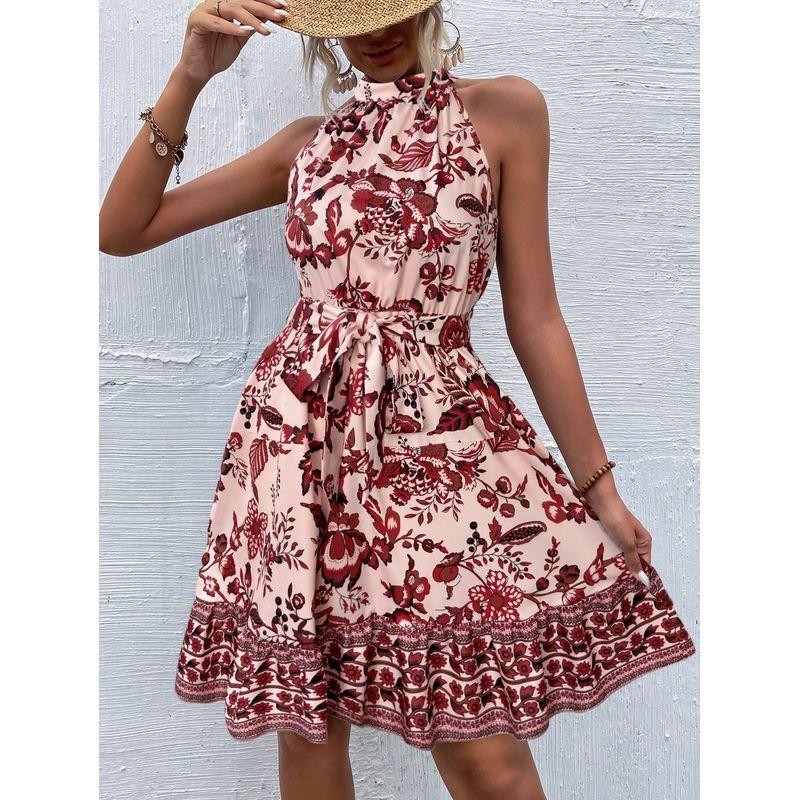 

Sweet Summer New Arrival European and American Commuters Ol Stand Collar Color Waist Trimming Ruffles Sleeveless Halter Dress Dress Red Flower L