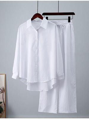 Plus Size Cotton Linen Shirt & Wide Leg Pants Set - Casual & Comfy for Spring & Autumn