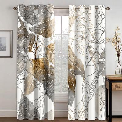 Color Pattern Leaves Geometric Pattern Curtains, Home Bedroom Living Room Shade Curtains, a Set of Two Pieces