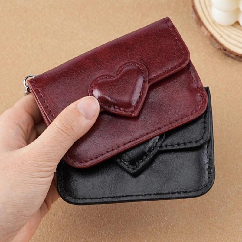 New Fashion Harajuku PU Leather Heart Buckle Wallet Keychain Mini Bag Multi-card Anti-magnetic Card Holder Travel Cash Coin Bags