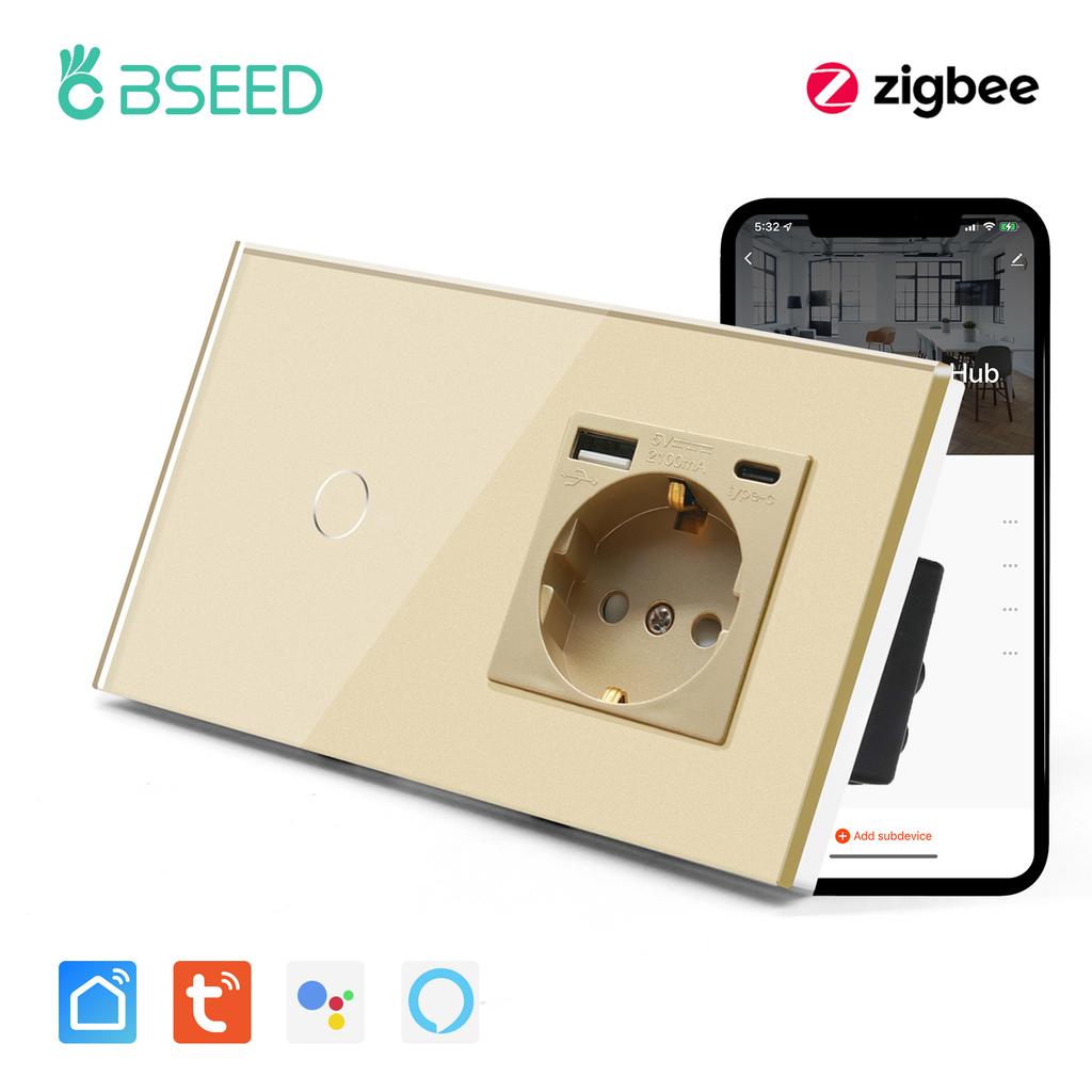 BSEED Zigbee 1/2/3Gang Wall Smart Switches 1/2/3Way Light Touch Switch with Typ-C USB EU Sockets Tuya Smart Life App Control
