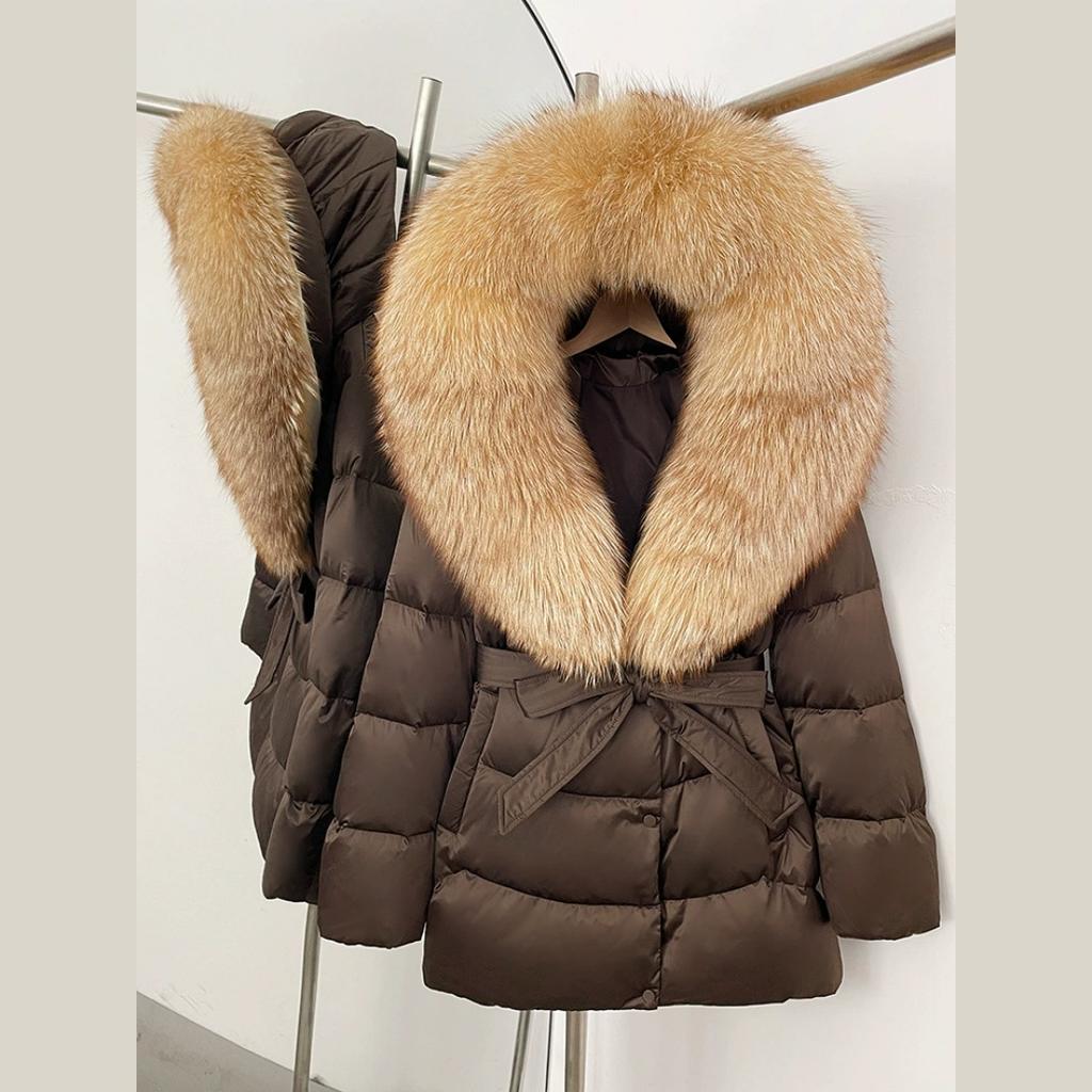 Winter Fox Big Fur Collar High-end Thickened Down Jacket Women's Mid-length Waist Imitation Leather Jacket