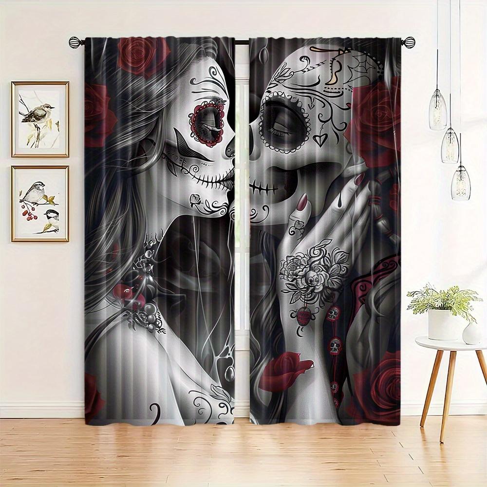 2PC Couple Skull Blackout Curtains - Woven Polyester Rod Pocket Drapes for Bedroom & Study, Modern Halloween Decor