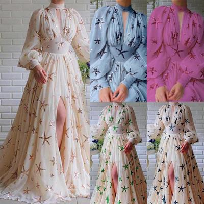 YX2025 Vestido de gasa con mangas abullonadas y abertura con lentejuelas multicolor