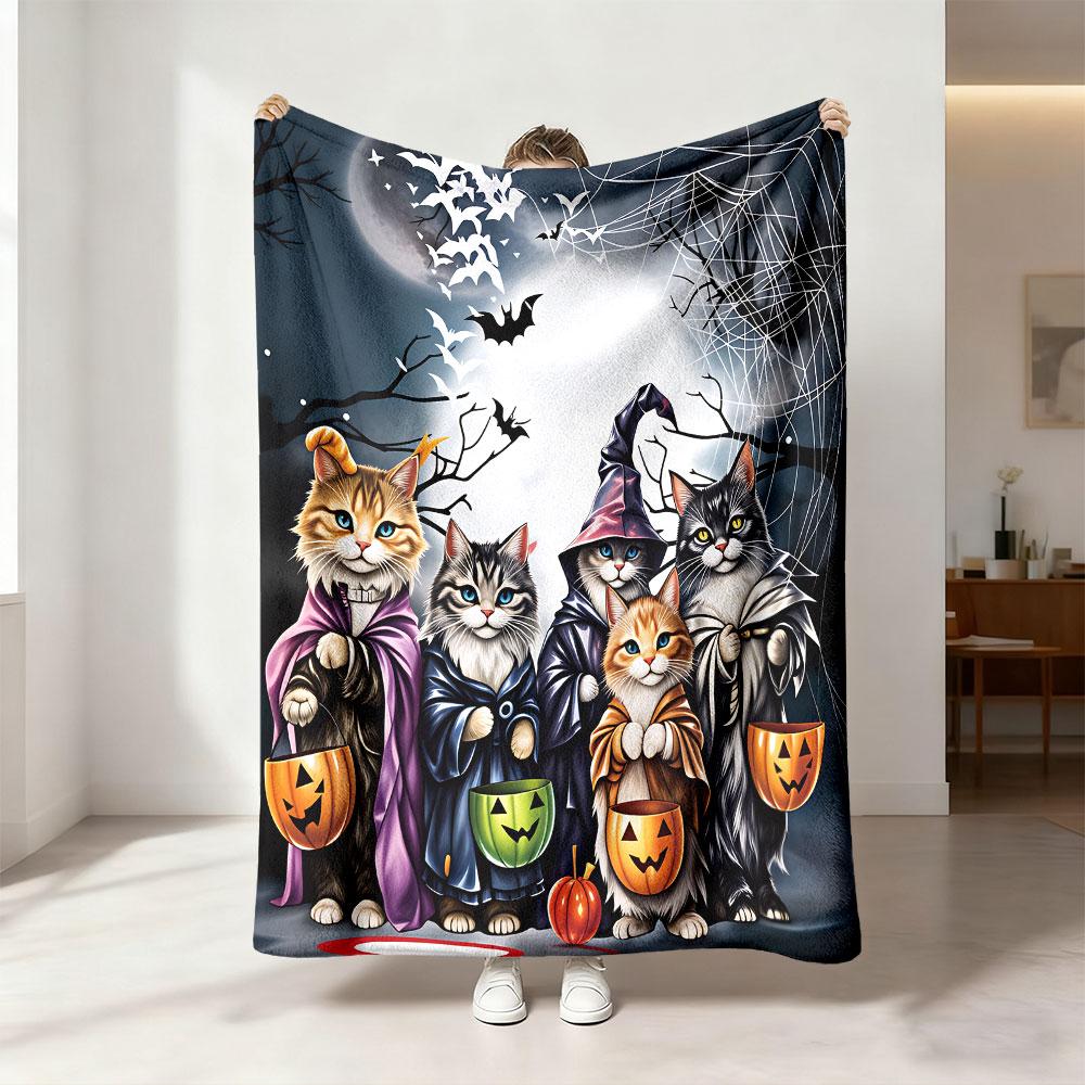 1pc Halloween Cat Pumpkin Lantern Print Flannel Throw Blanket Soft Cozy For Nap Relax Sofa Bed Home Holiday Party Decoration