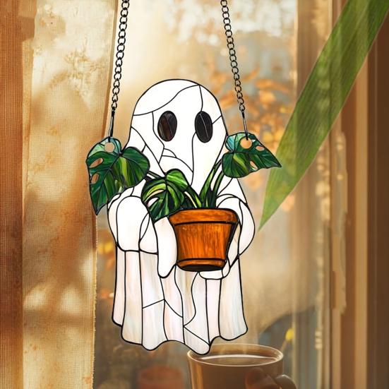 Halloween Suncatcher Stained Glass Window Hanging Sun Catcher Acrylic Ghost Plant Bookshelf Decoration for Window Wall Art Decor
