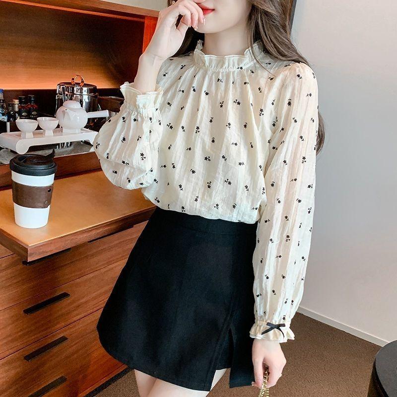 French Style Floral Chiffon Shirt for Women Spring Summer New Temperament Bottoming Blouse Sweet Long Sleeve Top