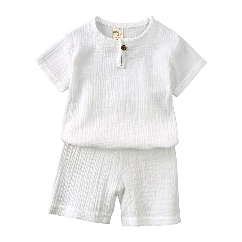 Summer Simple Cotton Linen Two-Piece Set: Breathable Short Sleeve and Shorts for Boys and Girls