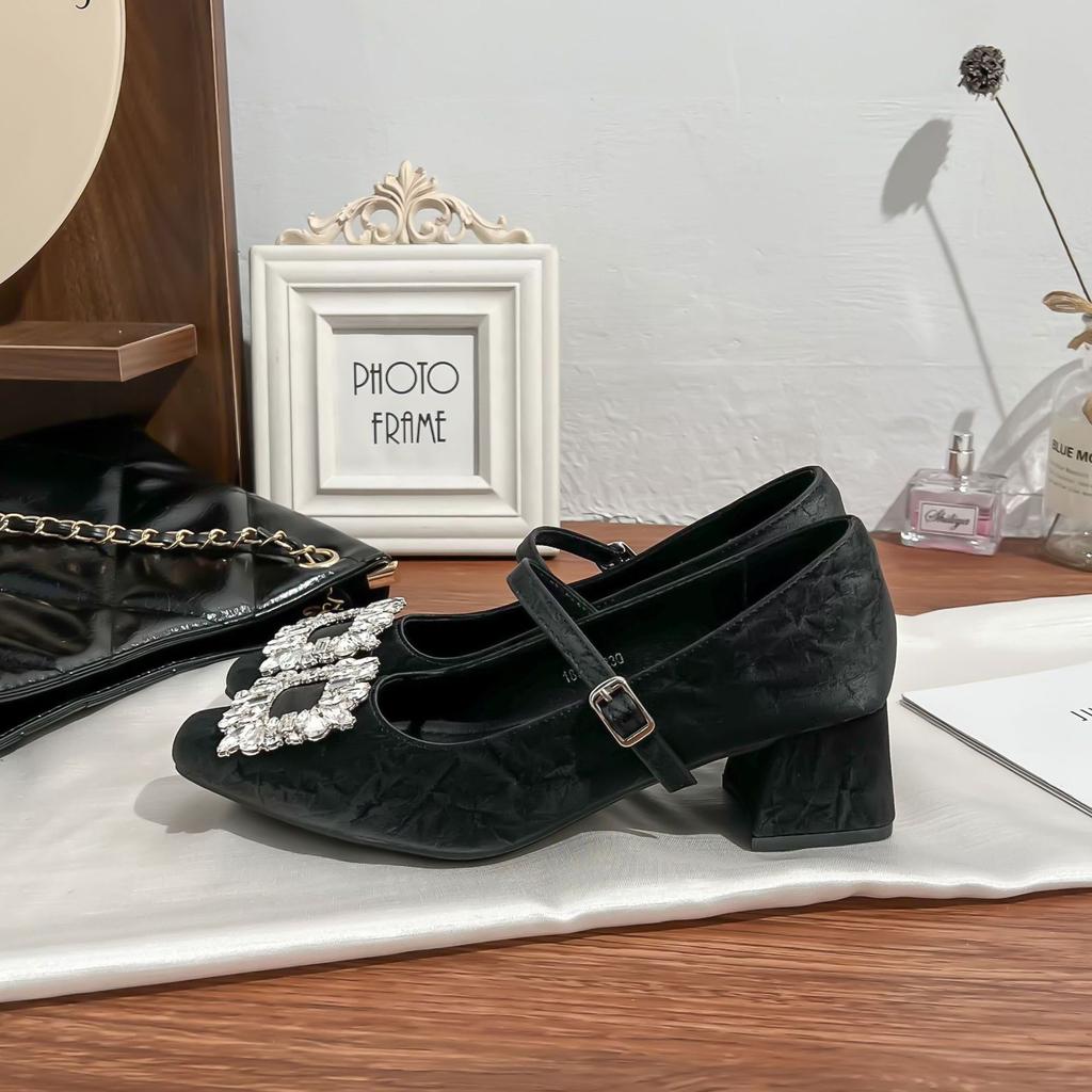 Grape Mother Spring New Mary Jane Shoes Women's Rhinestone Square Buckle Shallow Mouth Single Shoes Women's 2025 Light Luxury High Heels Women