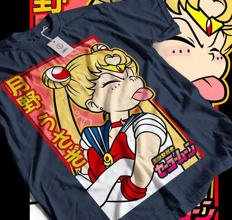 Sailor Moon Usagi Tsukino Lustiges Gesicht Retro Anime Grafik Unisex Lässig Weiß Streetwear T-Shirt