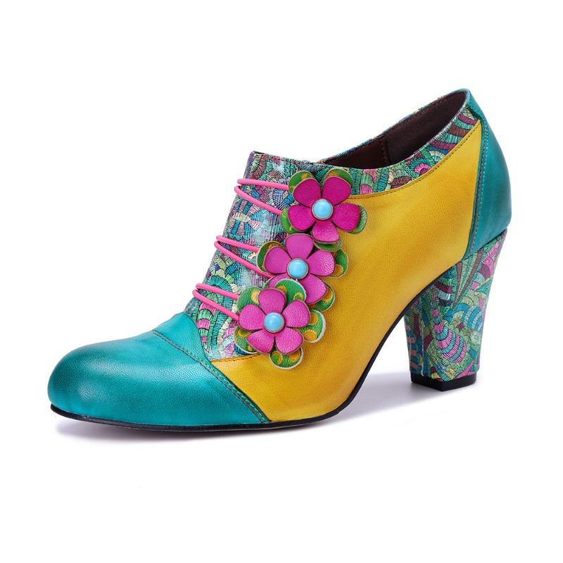 

Autumn and winter new style retro hand-polished color matching three-dimensional flower side zipper thick heel high heels 36