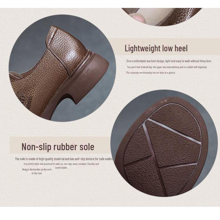 Autumn Women's Single Shoes Lace-Up Soft Cowhide Shoes Thick Mid-Heel Soft Sole All Season Deep Mouth Shoes