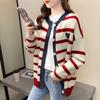 Autumn Winter New Versatile Stripe Color Block Button Round Neck Knitted Cardigan Women Core Yarn Long Sleeved Commuter Sweater