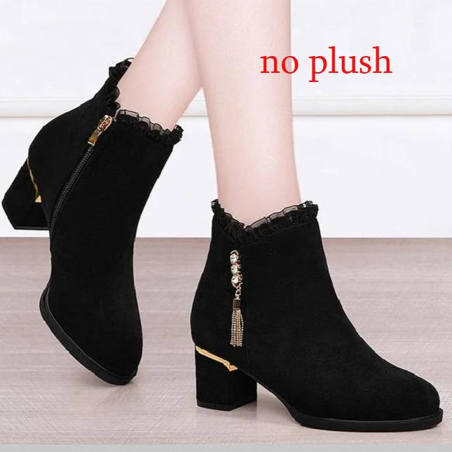 

New British Style Winter Boots Women - Round Toe Tassel Furry Lined Mid Heel Ankle Boots Diamond Decor Zip Side 40