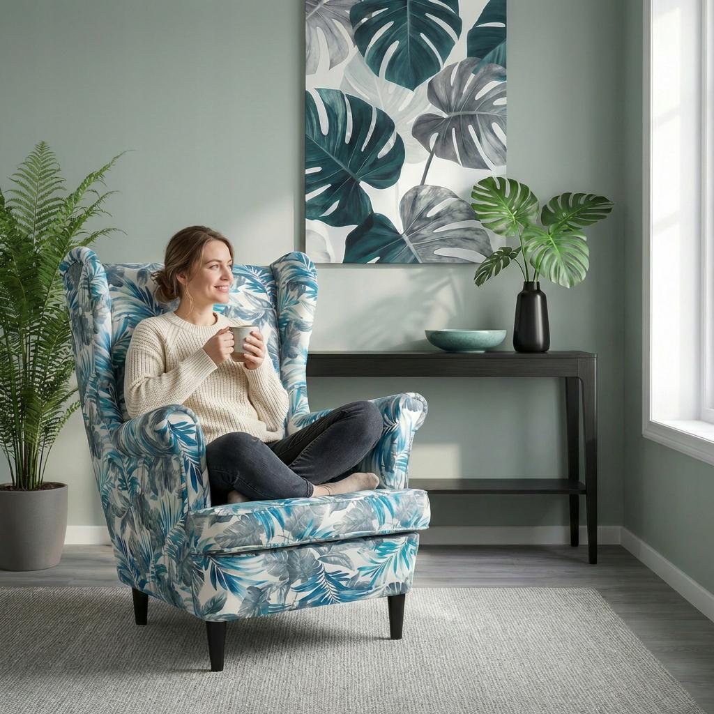 Ohrensessel Flowers Print mit gemustertem Veloursbezug im skandinavischen Stil – Family Meble