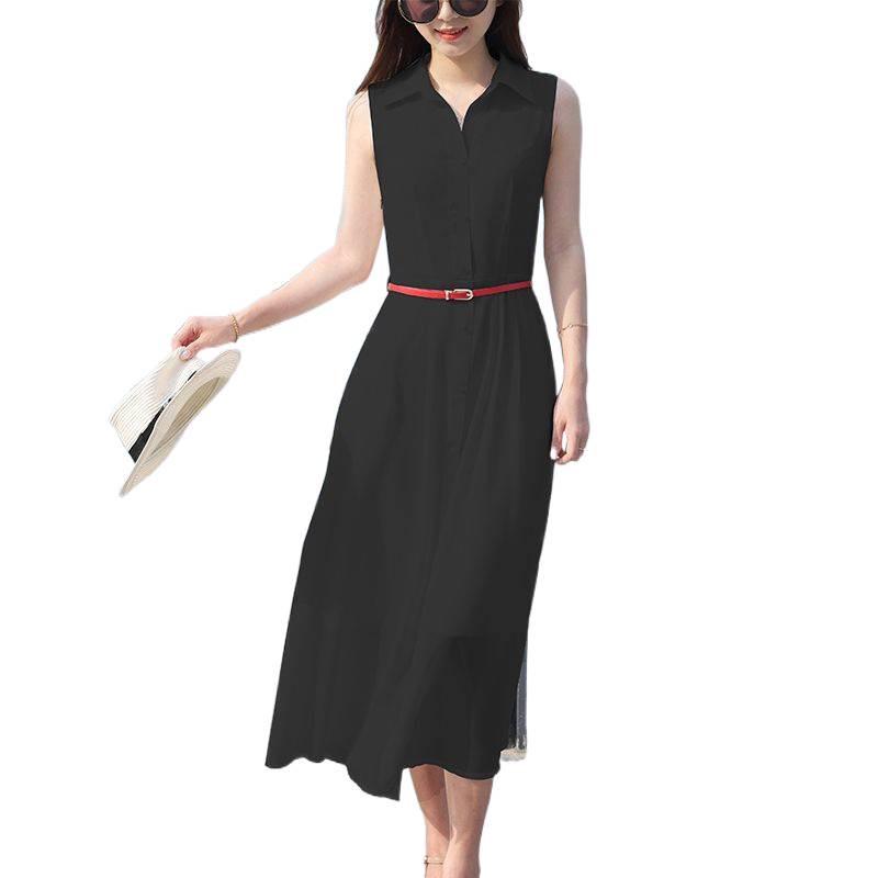 Solid Color Sleeveless Chiffon Dress with Shirt Collar - Slimming and Stylish Fairy Design for the Holidays