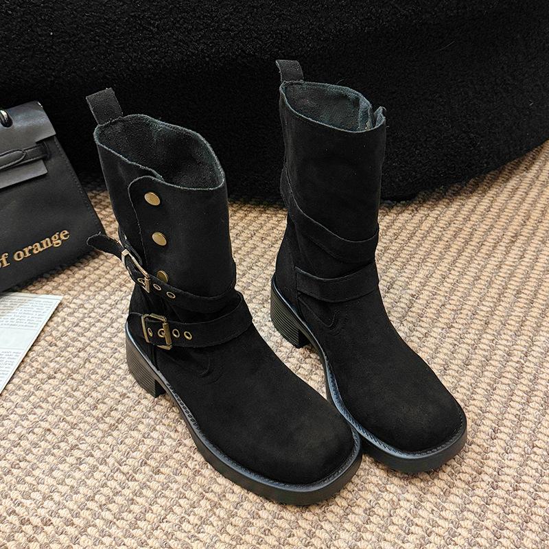 Ruodan Thick Heel Western Cowboy Boots Women's Autumn New Mid-heel Retro Square Head Thick-soled Piled Boots Two Wear Medium Boots