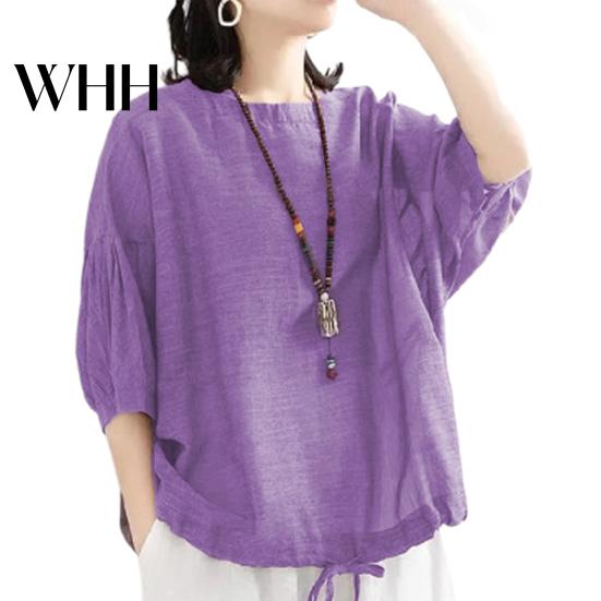 Loose Fit Women Top Summer Casual T-shirt O-Neck 3/4 Batwing Sleeve Pullover Round Neck Three-quarter Tops Solid Color Blouse Streetwear