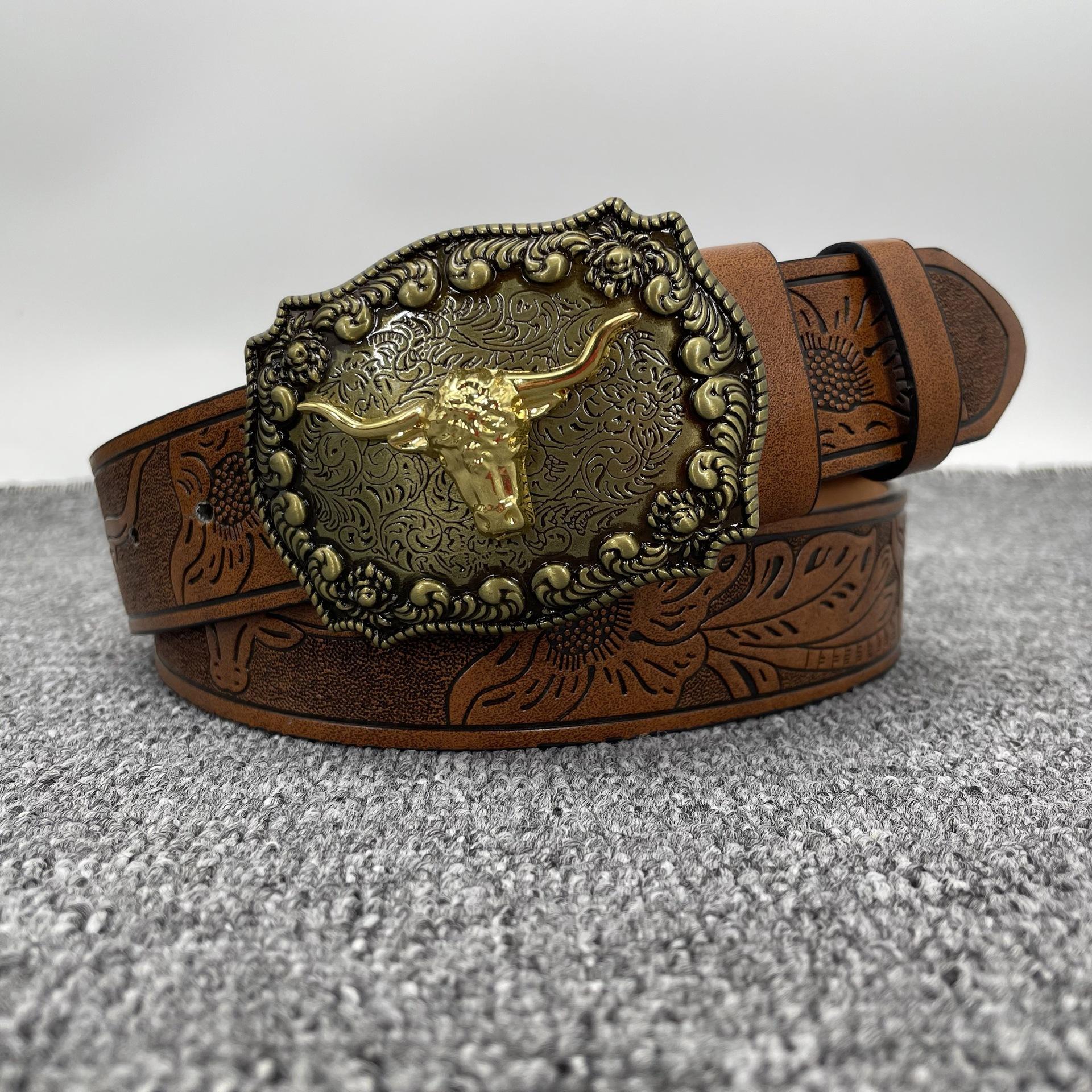 

Men s and Women s Clothing — Western Cowboy Style PU Leather Belt — Vintage Belt with Printed Buckle for Jeans 130CM