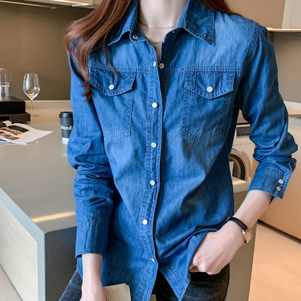 Summer Denim Blouse Cotton Lapel Rolled Sleeve Metal Button Shirt Women Casual Single Breasted Jeans Top Blusas Para Mujer