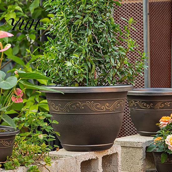 Weather Resistant Garden Pots Resin Flower Planters, Vintage Plant Pot with Drainage Hole & Saucer, Lightweight Classical Patterned Planters