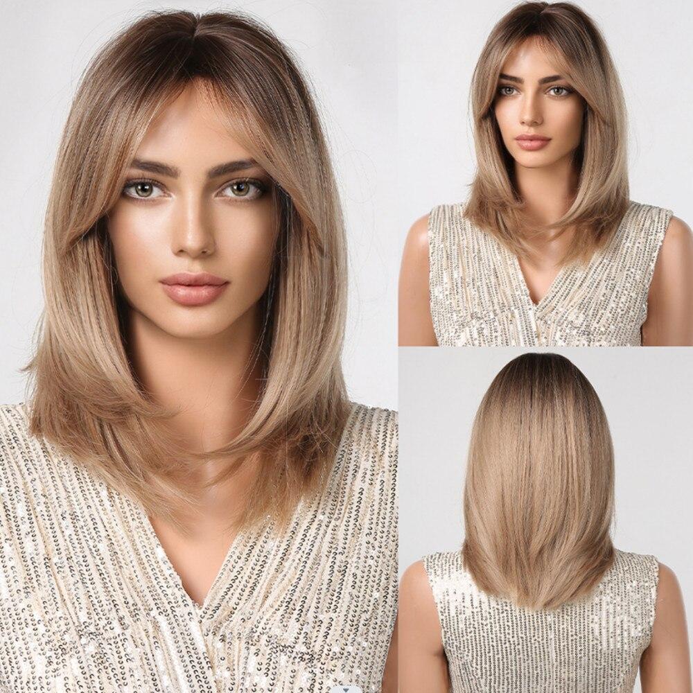 ALAN EATON Medium Length Brown Layered Synthetic Wig Ombre Straight Wigs with Bangs for Women Daily Use Soft Heat Resistant Hair