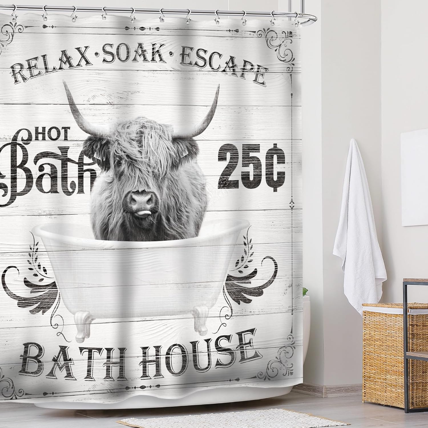 Jessica Chen Highland Cow Shower Curtain Bull Farmhouse Western Cattle In Bathtub Bath Rustic Farm Wildlife Animal Barn Hilarious Wood Cute