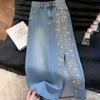 High Sense Medium and Long Summer Blue Embroidery High Waist Thin Denim Skirt Women Soft Drape Vintage Elegant Women Long Skirt