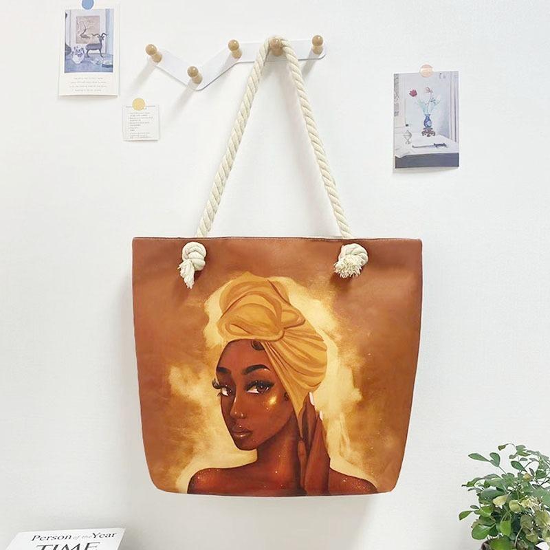 1pcs Stylish Multifunctional Tote Bag Large Capacity Beach Shopping Bag with Creative Print & Rope Durable