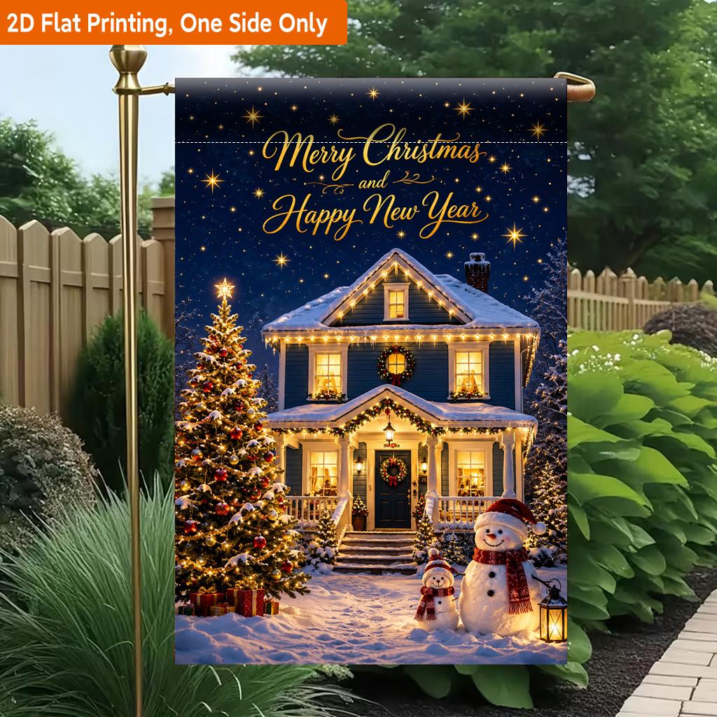 2D Flat, 2D Flat Printing Garden Flag 1pc, House with Christmas Decorations Durable Single-Sided Print Yard Flag, Garden & Home Holiday Decoration, 29