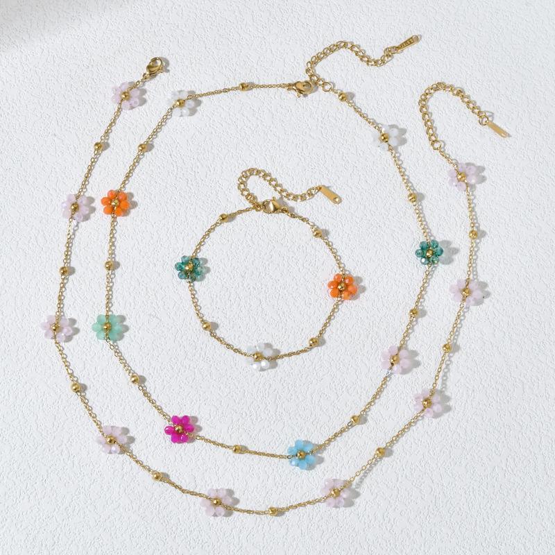 Elegant Crystal Flower O-Bead Chain Bracelet Necklace In Stainless Steel