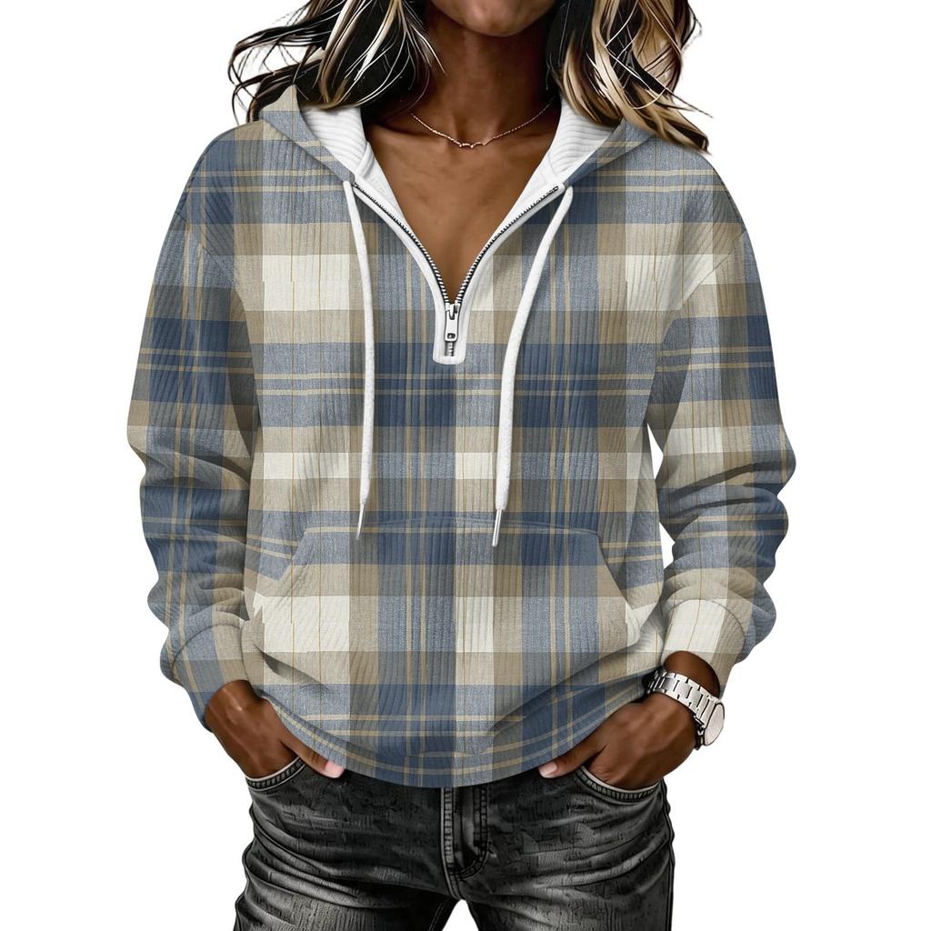 Women's Long Sleeve Drawstring Hoodie with Striped Plaid Print Pullover Sweatshirt