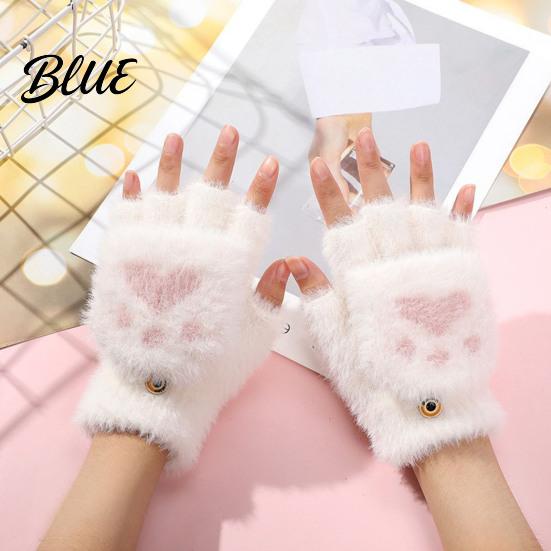 Fingerless Gloves with Flap Cover Furry Cat Paw Thermal Gloves Flip Top Mitten Button for Women Winter Cozy Outdoor Cold Weather Plush Half