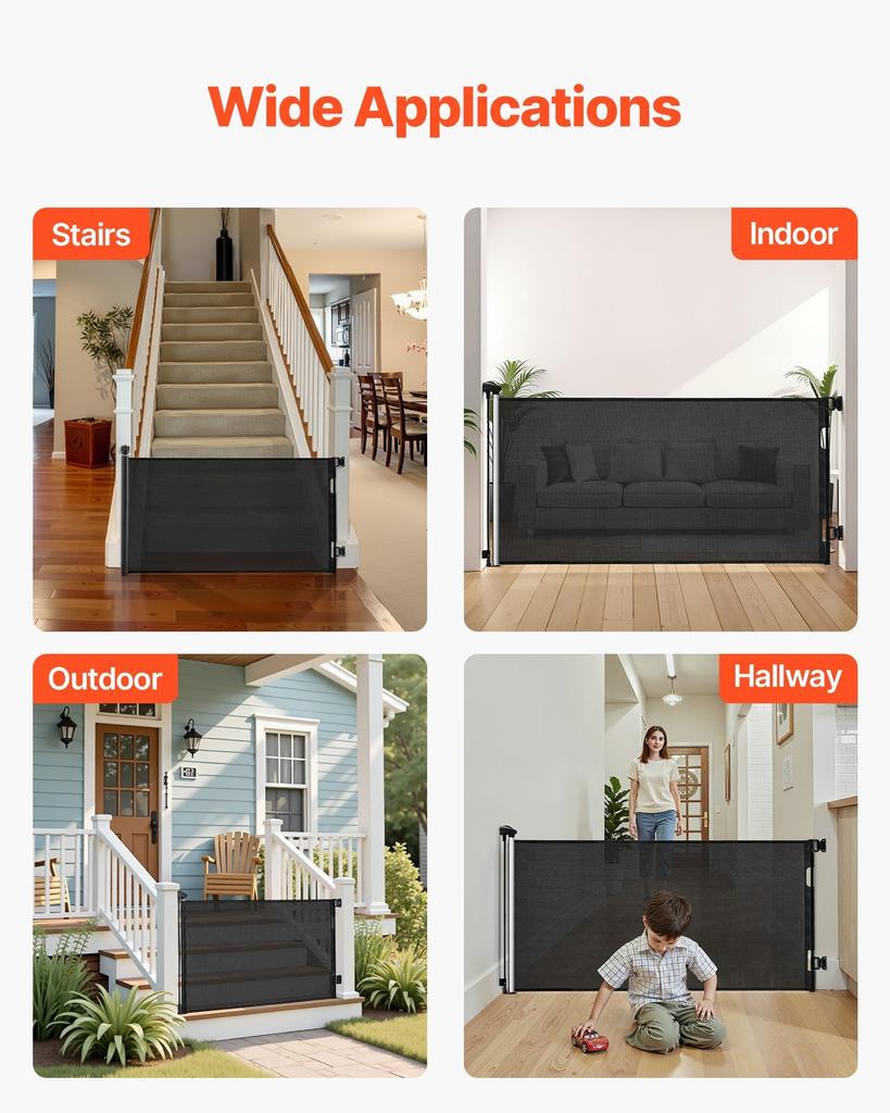 Retractable Baby Gate, Extends to 1850 mm Wide, 795 mm Tall, with Security Lock, Easy to Use, Walk Through Without Tripping, Mesh Dog Gate for Stairs,