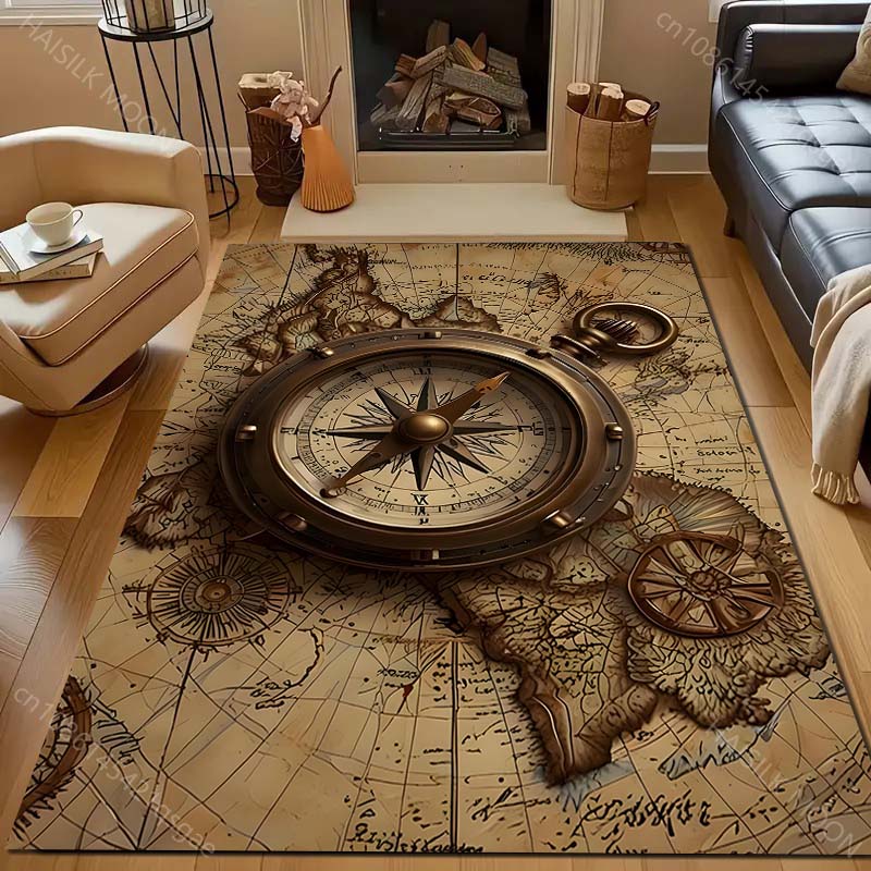 Vintage Map Compass Printing Carpet for Bedroom Living Room Bedside Sofa Floor Mat Modern Home Decor Area Rug Machine Wash