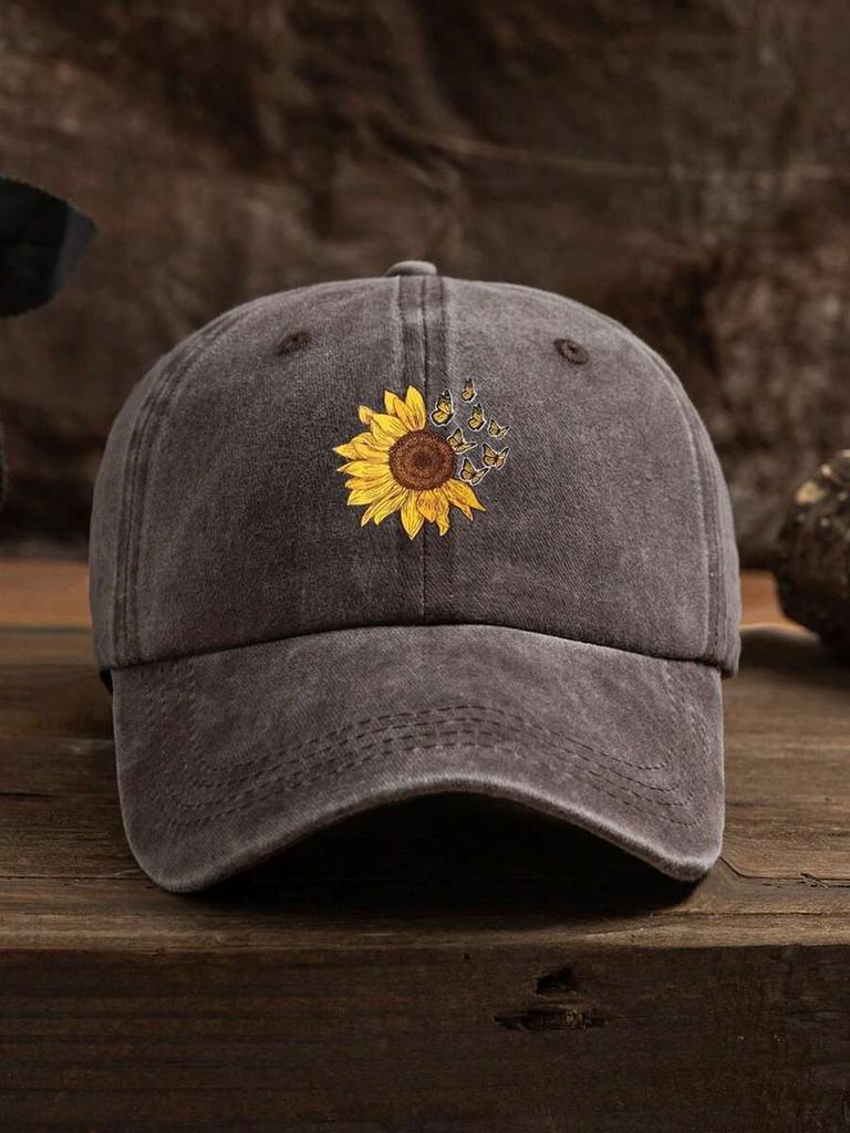 Sunflower Embroidered Denim Baseball Cap For Adults Casual Boho Style
