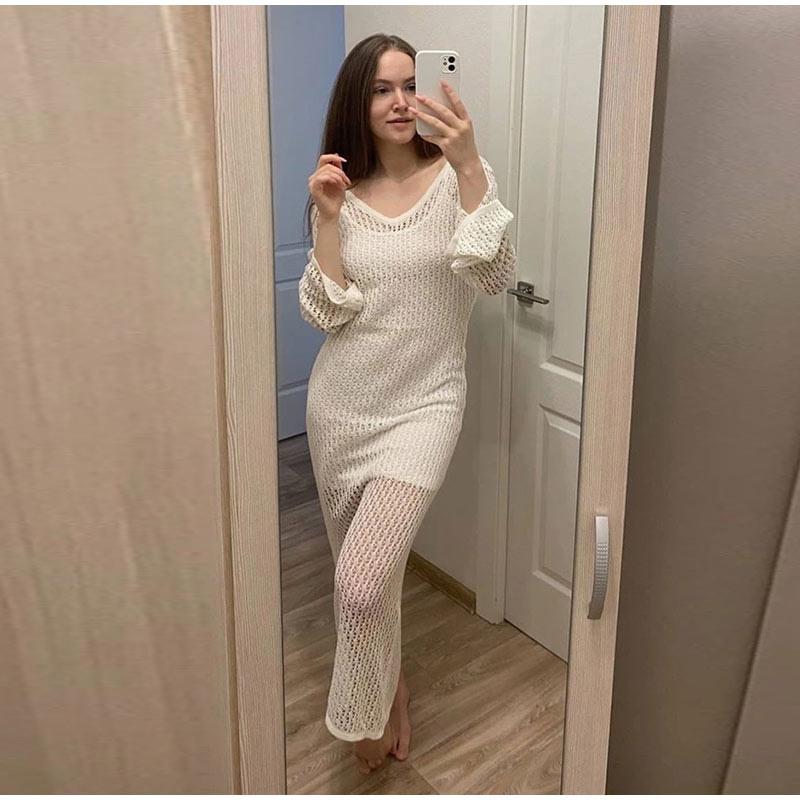 Knitted Hollow Out Beach Dresses Women Sexy Solid O-neck Long Sleeve Oversize Dress Spring Summer Lady Sunscreen Vestidos