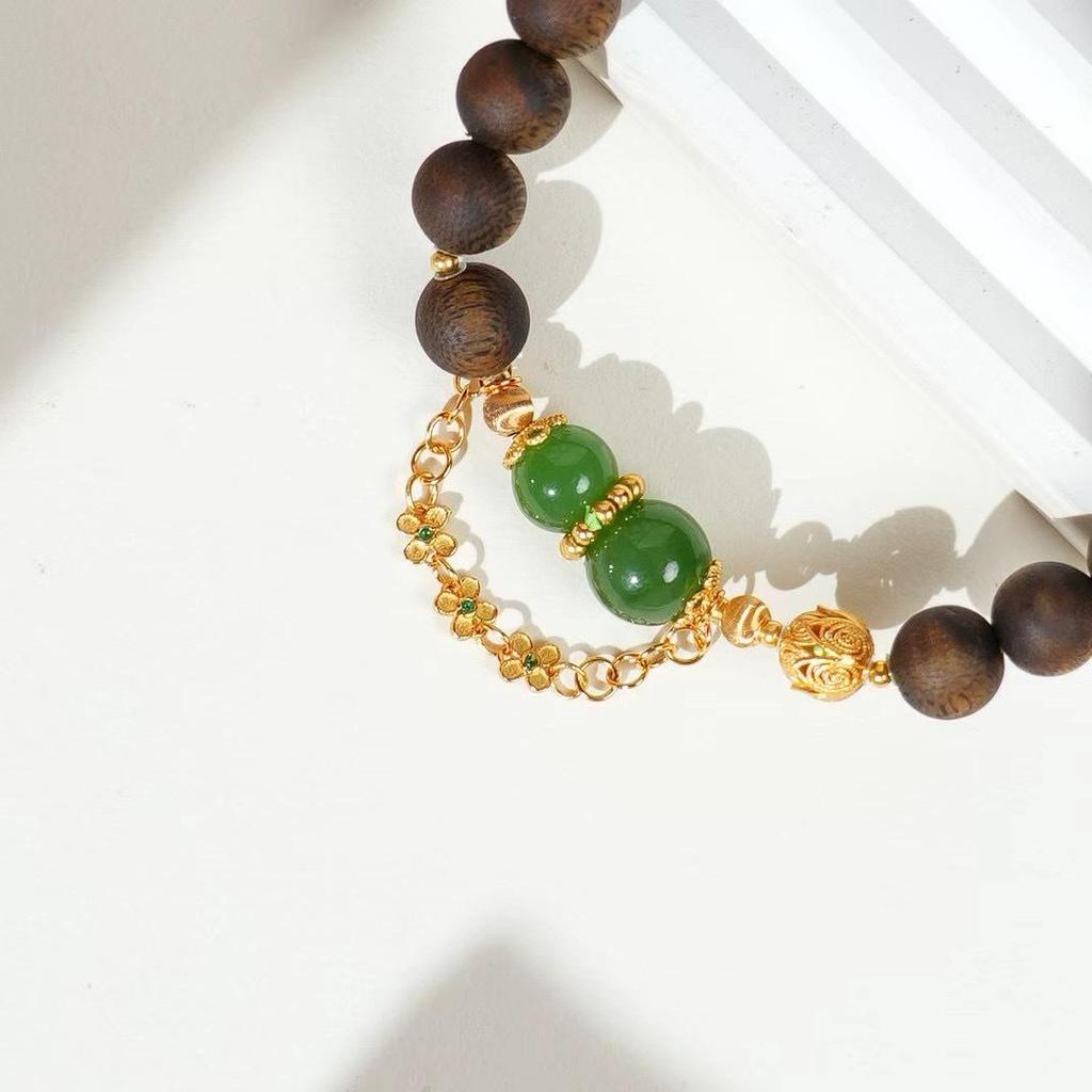 Agarwood Emerald & Hetian Jade Sterling Silver Beaded Bracelet - New Chinese Style