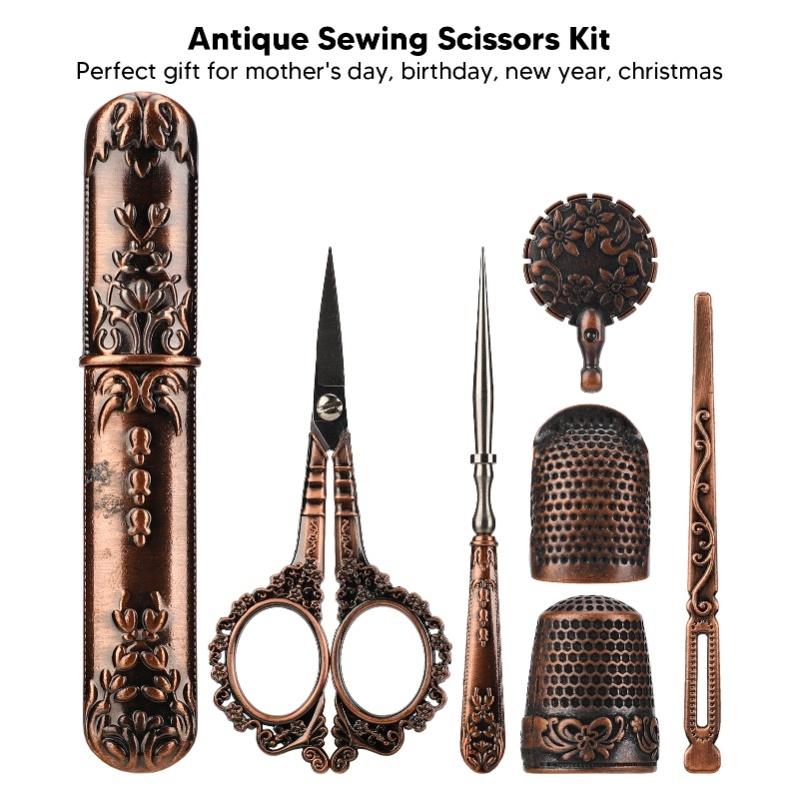 Vintage Embroidery Scissors Set Wooden Stainless Steel Sewing Box Scissors Kit Multifunctional Sewing Embroidery Tools Bronze