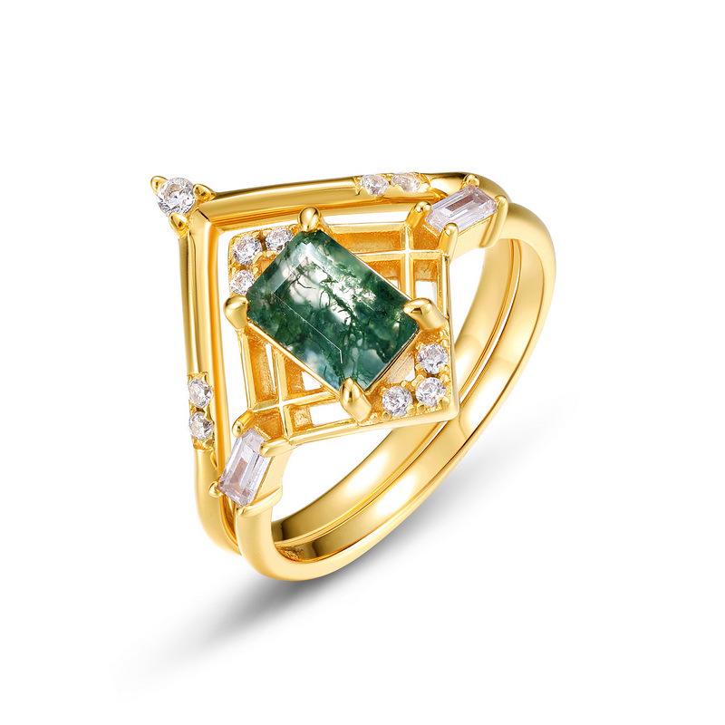 

Natural Green Moss Agate Ring with Stacked Stones and S925 Silver, European and American Light Luxury Style US 7
