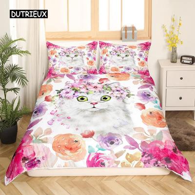 Funda Nórdica Rey Reina Gato Blanco Flor Juego de Cama Gatito Mascota Animal Poliéster Funda de Edredón Niñas Rosa Floral Funda de Edredón