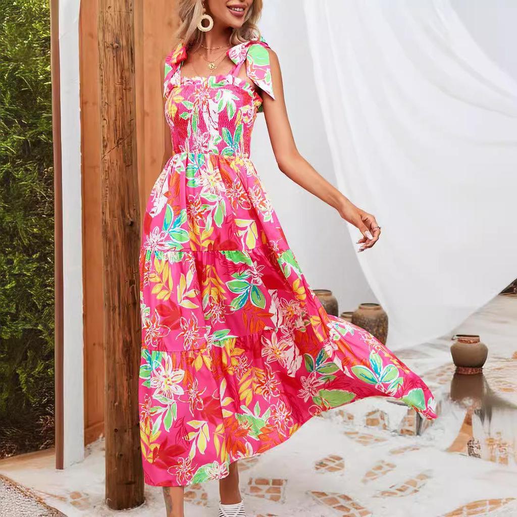Vestido con cordones de cintura alta y manga estampada étnica de verano para mujer