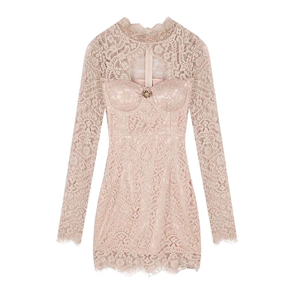 MODKOKU Floral Open Korean Sweet Wedding Long Size M Women's All-Lace Dress, V-Neck, Lace, Neck, Sexy, Sheer, Style, Elegant, Dress, Stylish, Cute,