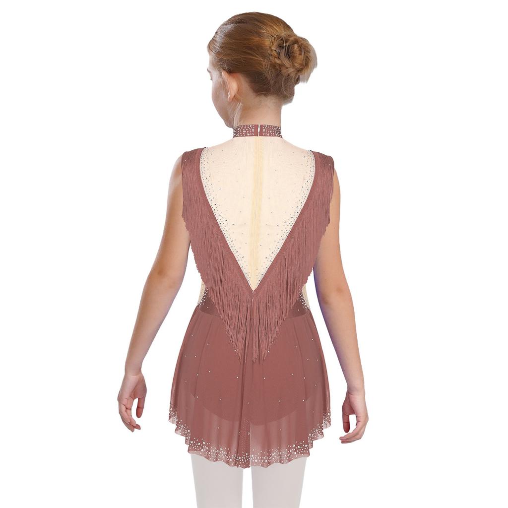 Girls Dance Costume - Shiny Rhinestone Leotard with Sheer Mesh, Invisible Back Zipper & Attached Tassel Skirt