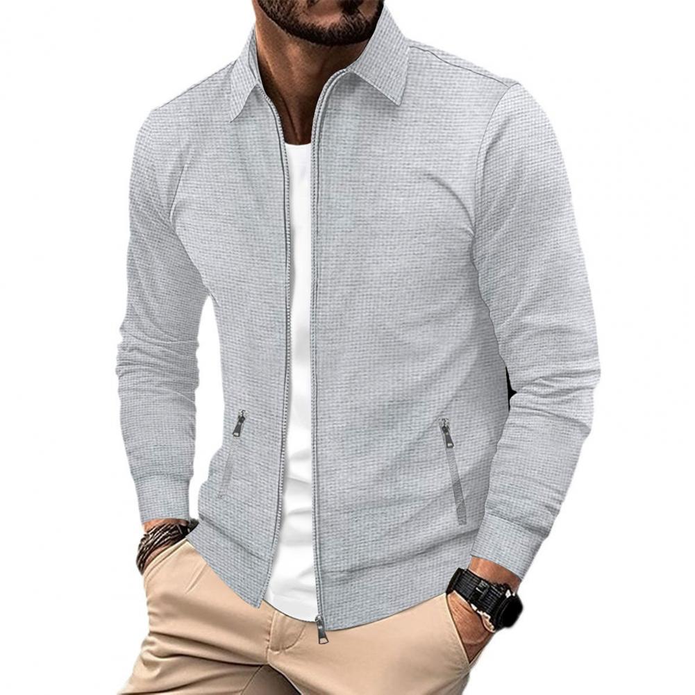 

Lapel Design Jacket Stylish Mens Zip-up Waffle Pattern Jacket with Lapel Zippered Pockets for Spring Autumn Winter for Men M сірий