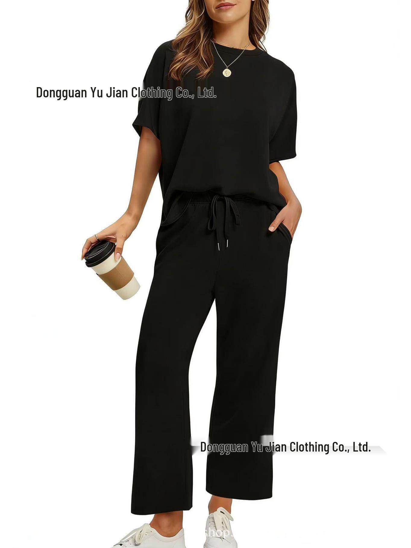 

2026 Spring/Summer Women s Casual Set: Short-sleeve Top & Elastic Waist Wide-leg Pants S чёрный
